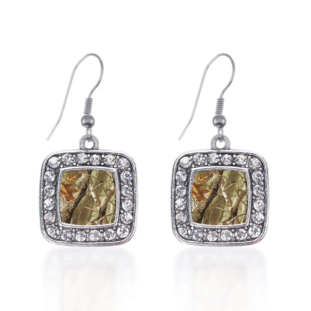 Silver Brown Hunting Pattern Square Charm Dangle Earrings