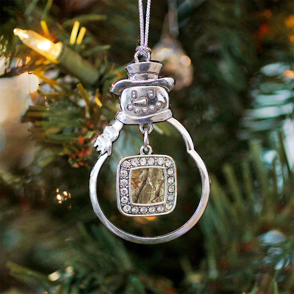 Silver Brown Hunting Pattern Square Charm Snowman Ornament