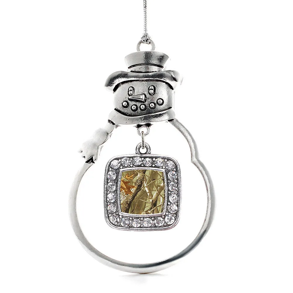 Silver Brown Hunting Pattern Square Charm Snowman Ornament