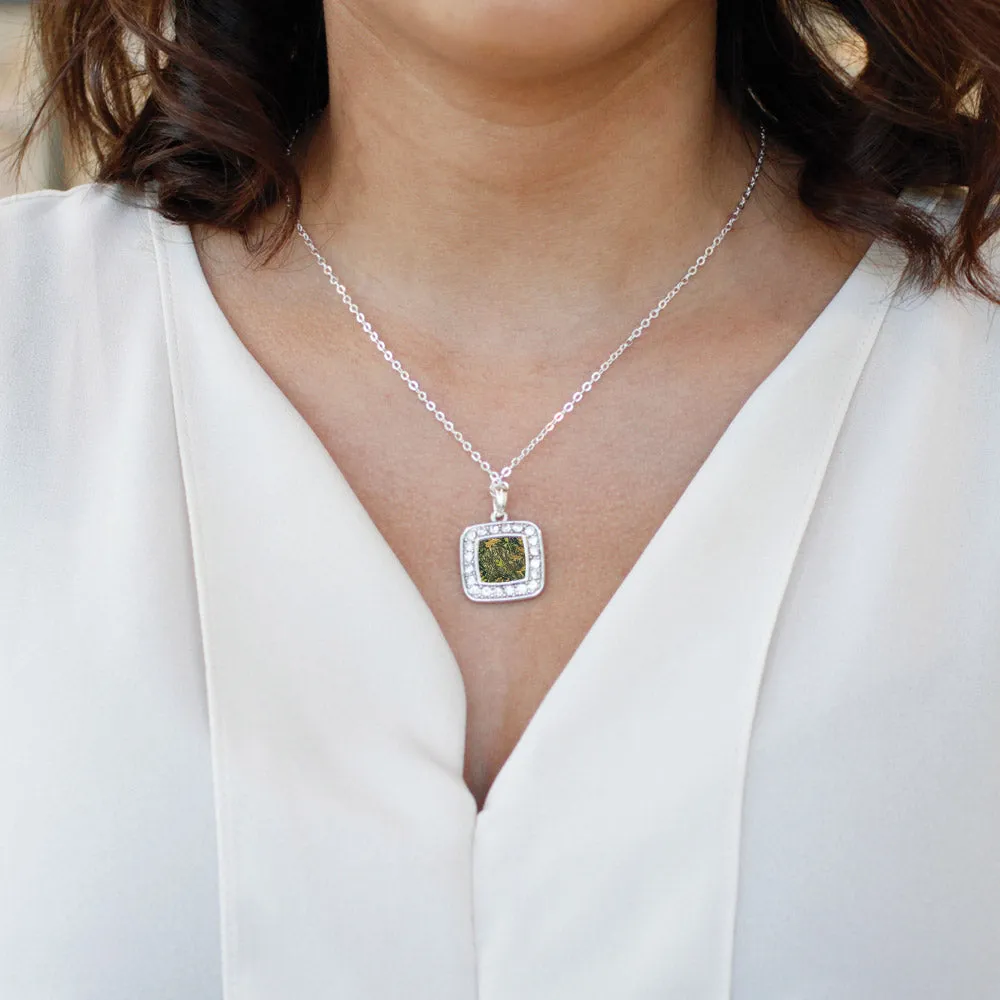 Silver Green Hunting Pattern Square Charm Classic Necklace