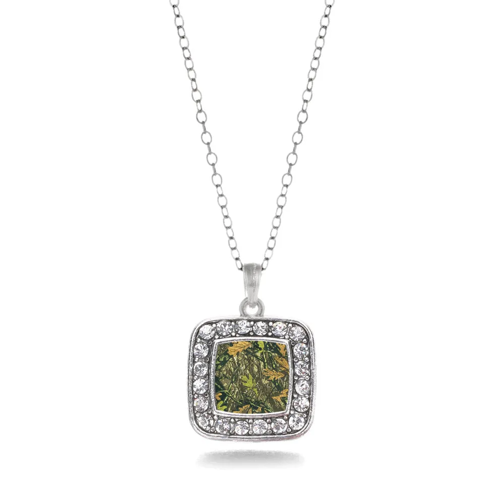 Silver Green Hunting Pattern Square Charm Classic Necklace