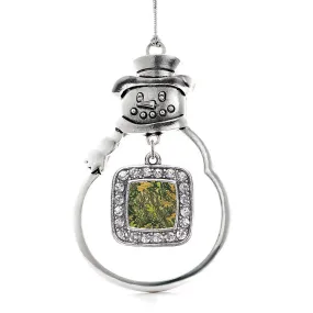 Silver Green Hunting Pattern Square Charm Snowman Ornament