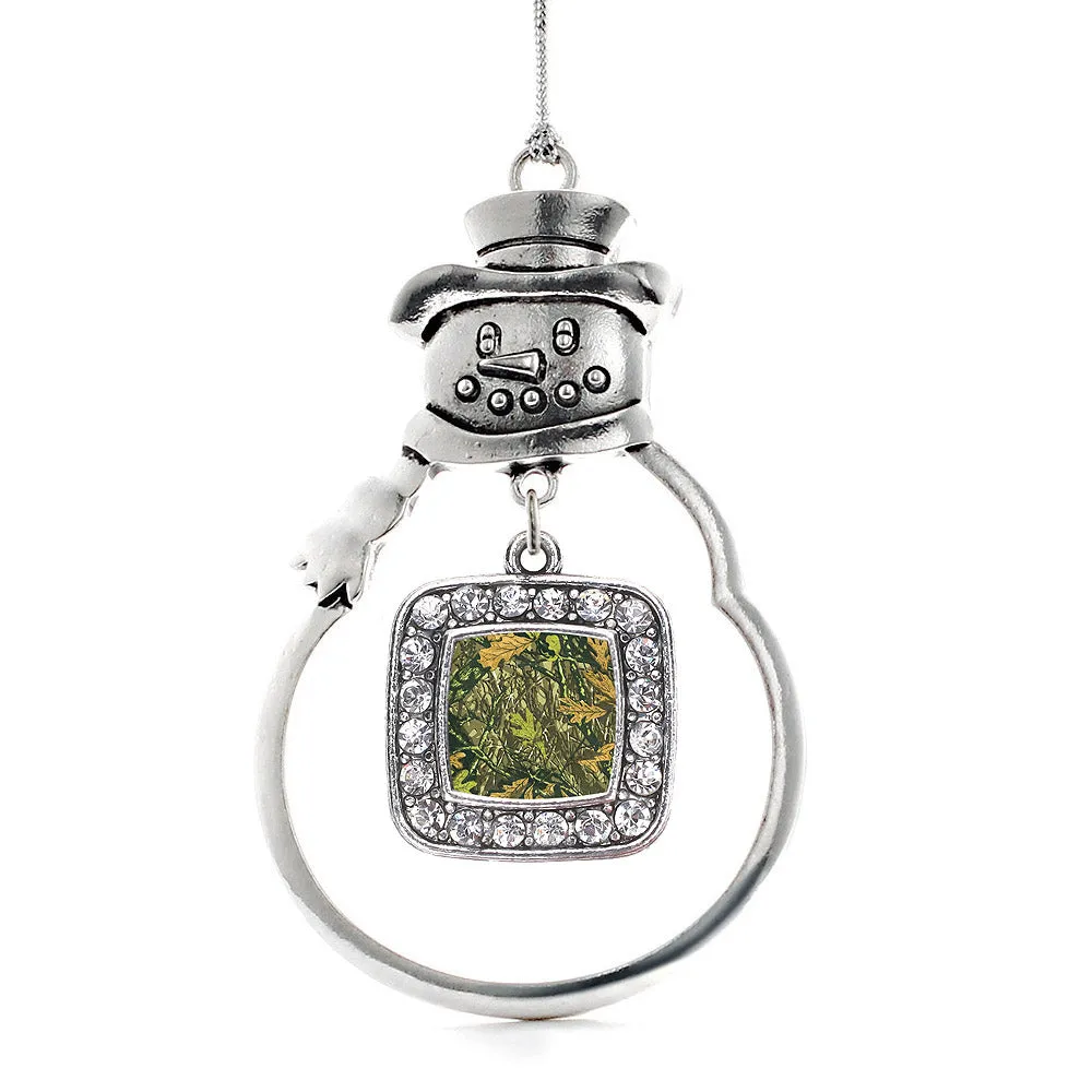 Silver Green Hunting Pattern Square Charm Snowman Ornament