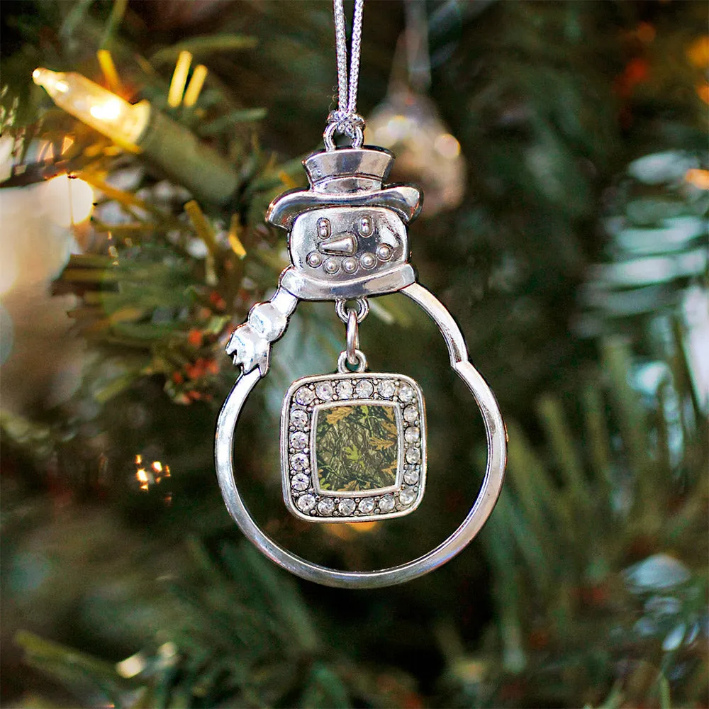 Silver Green Hunting Pattern Square Charm Snowman Ornament