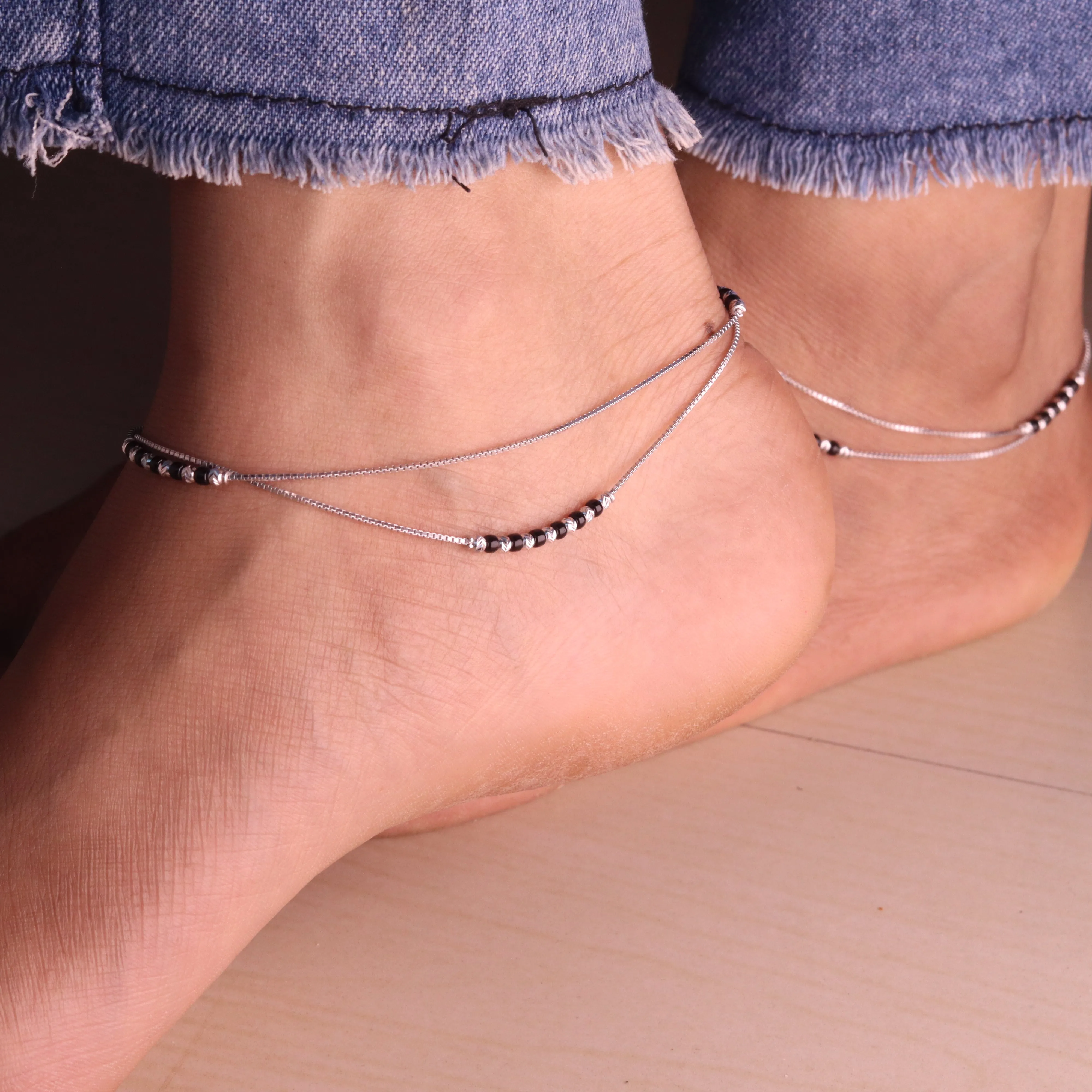 Sleek Double Layer Silver Beads Payal for Women