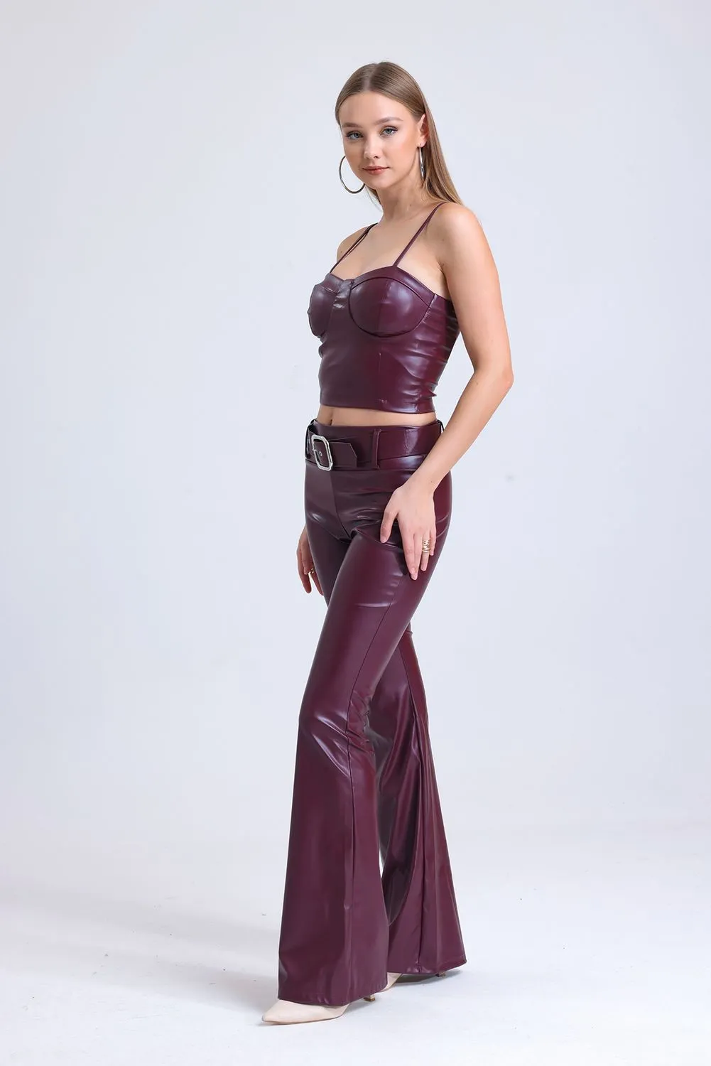 SNS Burgundy Belted Flared Faux Leather Pants PNT33313 - Cuautitlán Izcalli