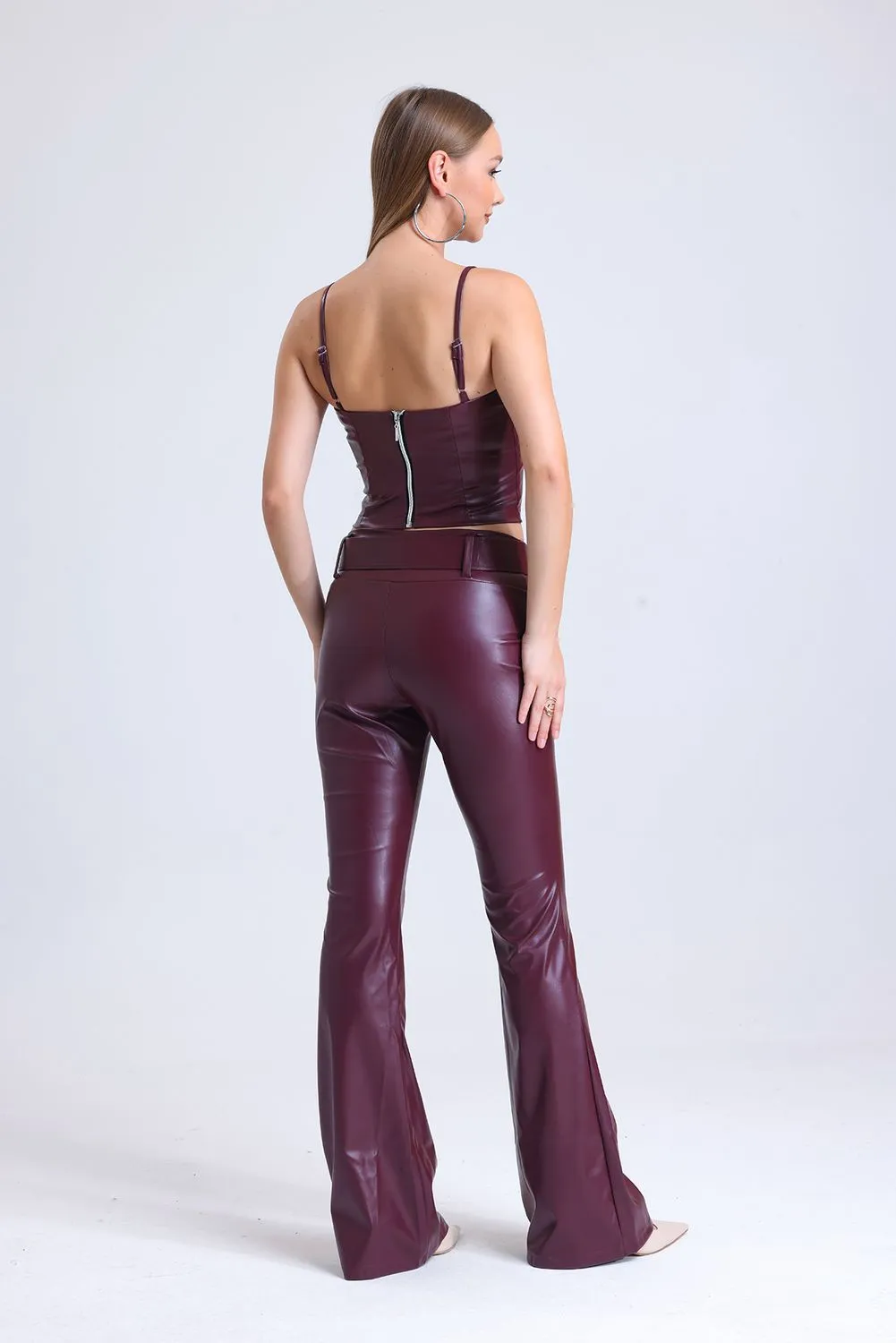 SNS Burgundy Belted Flared Faux Leather Pants PNT33313 - Cuautitlán Izcalli