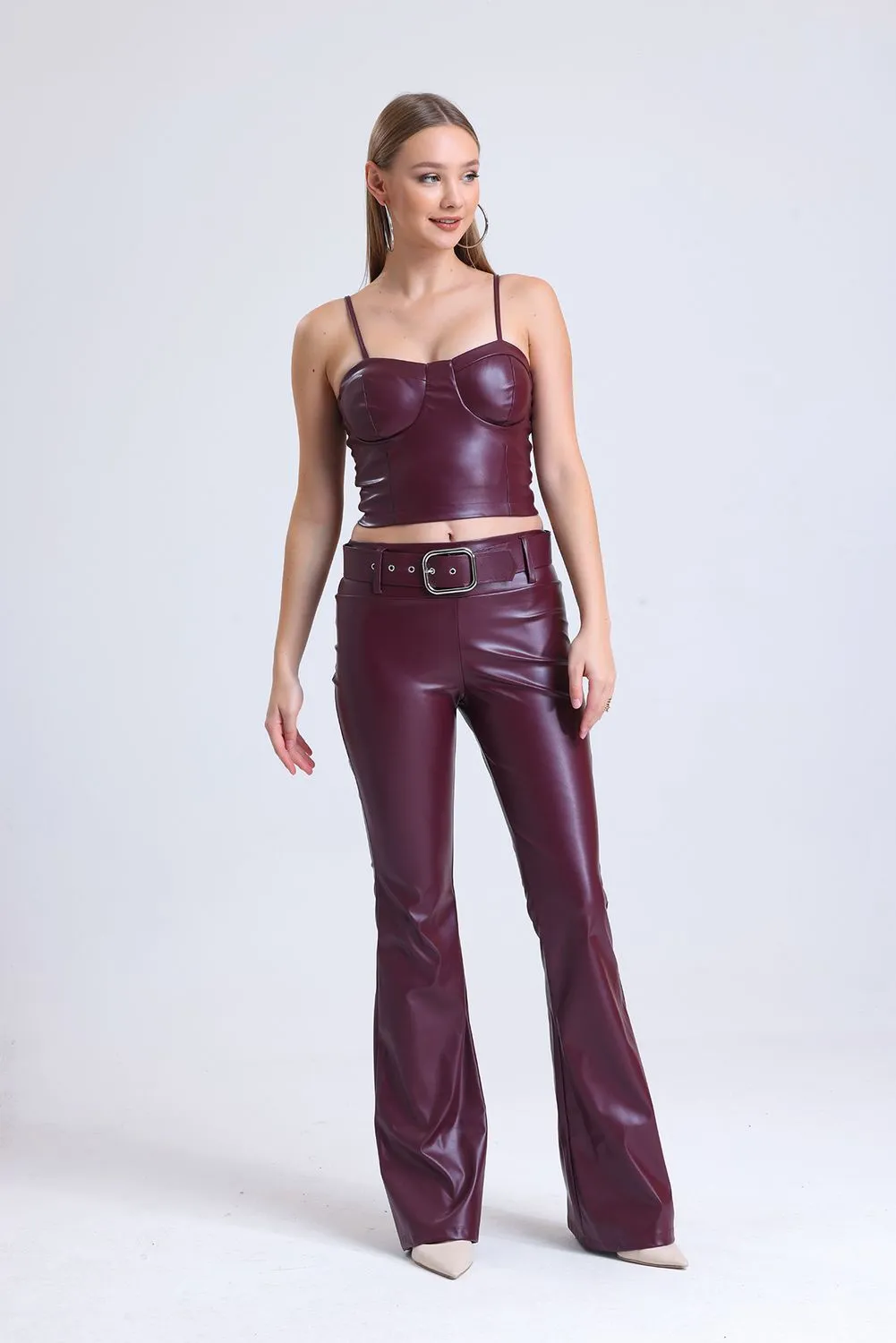 SNS Burgundy Belted Flared Faux Leather Pants PNT33313 - Cuautitlán Izcalli
