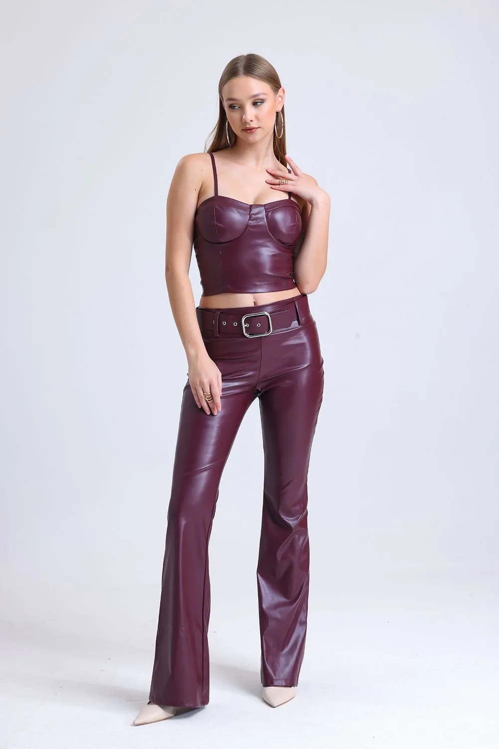 SNS Burgundy Belted Flared Faux Leather Pants PNT33313 - Cuautitlán Izcalli