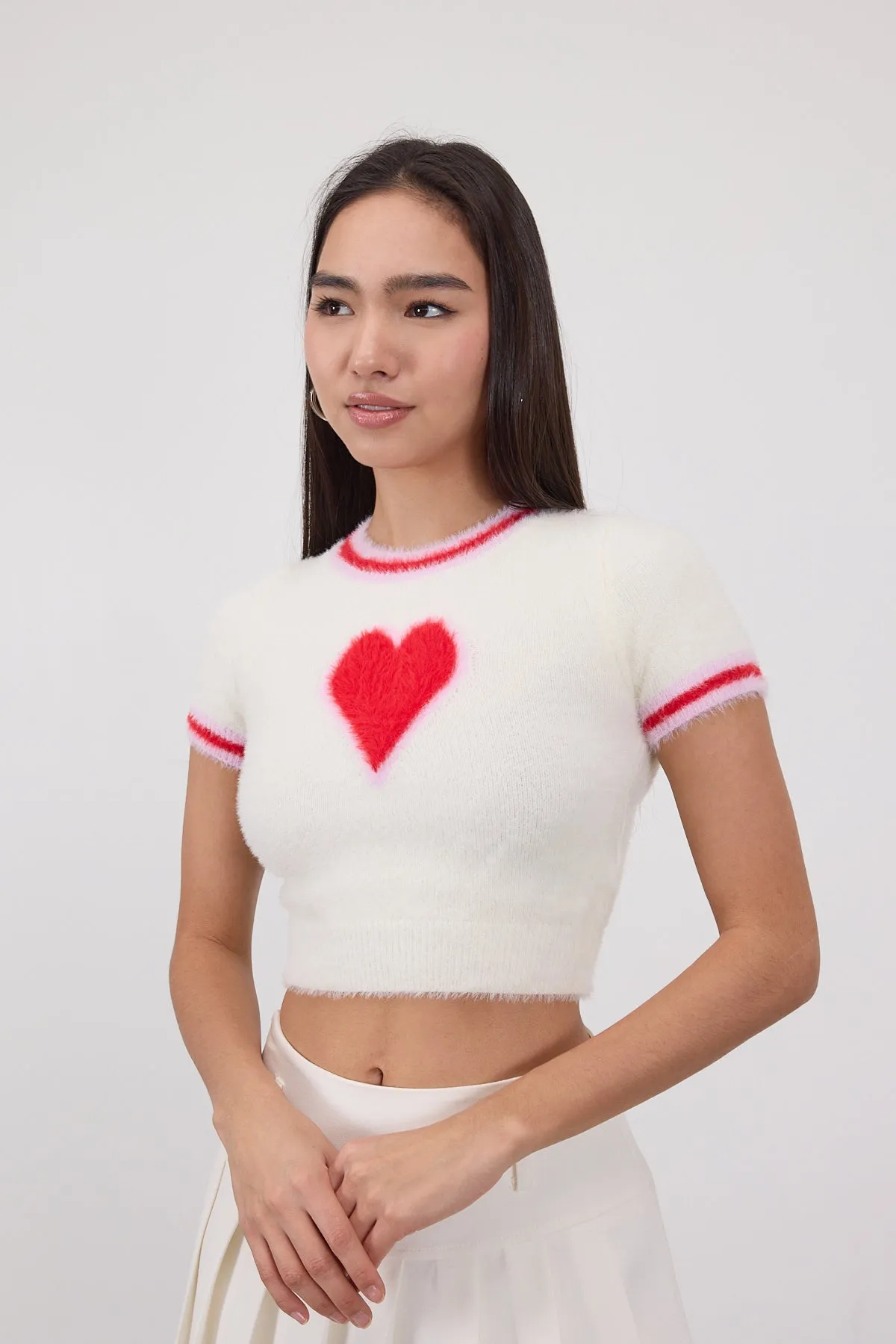 Soft Textured Heart Crop Knitwear Sweater