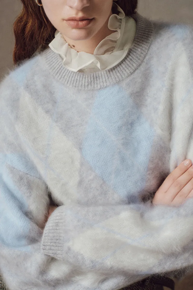 Vintage Chunky Knit Brushed Cashmere Argyle Crewneck Sweater