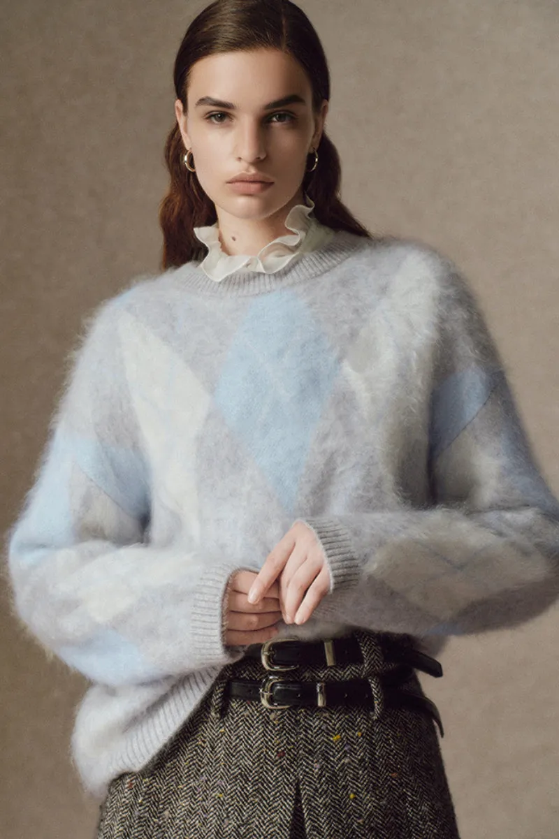 Vintage Chunky Knit Brushed Cashmere Argyle Crewneck Sweater
