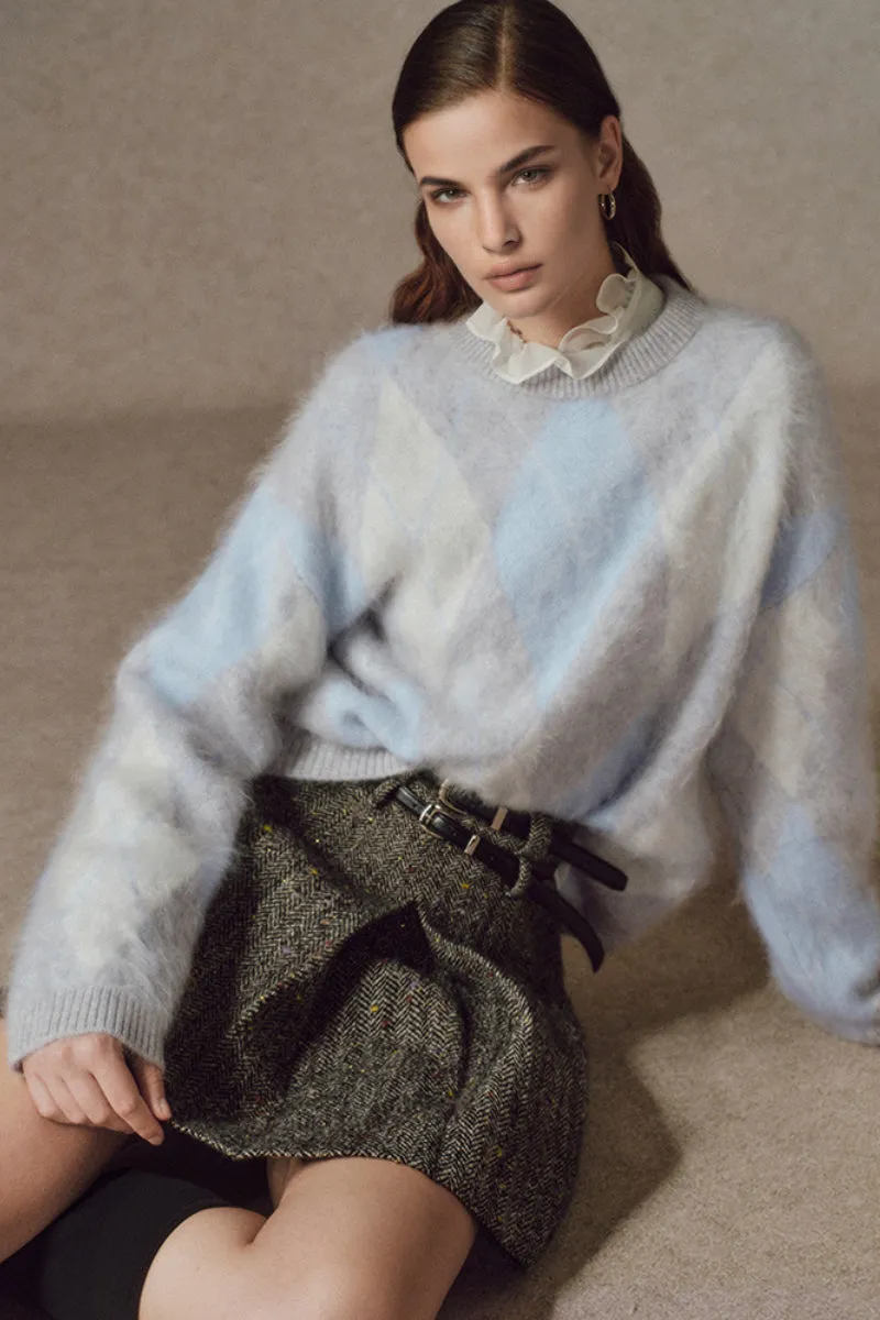 Vintage Chunky Knit Brushed Cashmere Argyle Crewneck Sweater