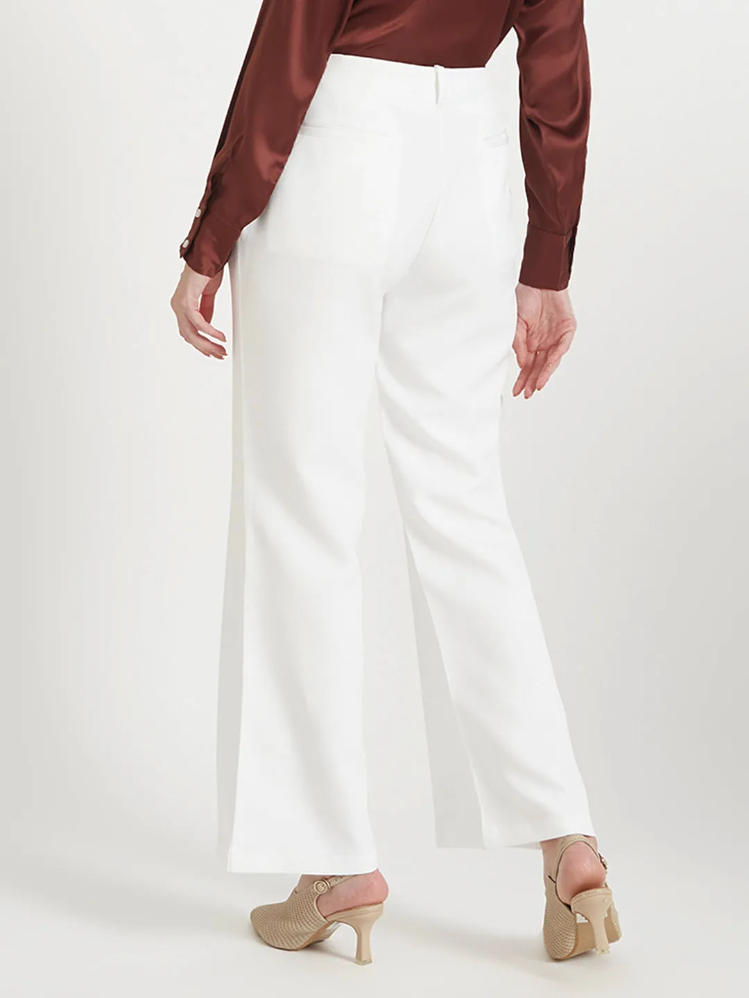 Women'S Luxury Banana Crepe Off White Flared Trouser Slash Pocket