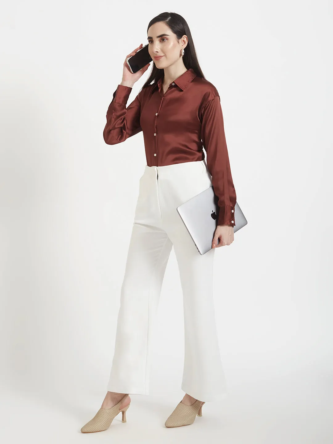 Women'S Luxury Banana Crepe Off White Flared Trouser Slash Pocket