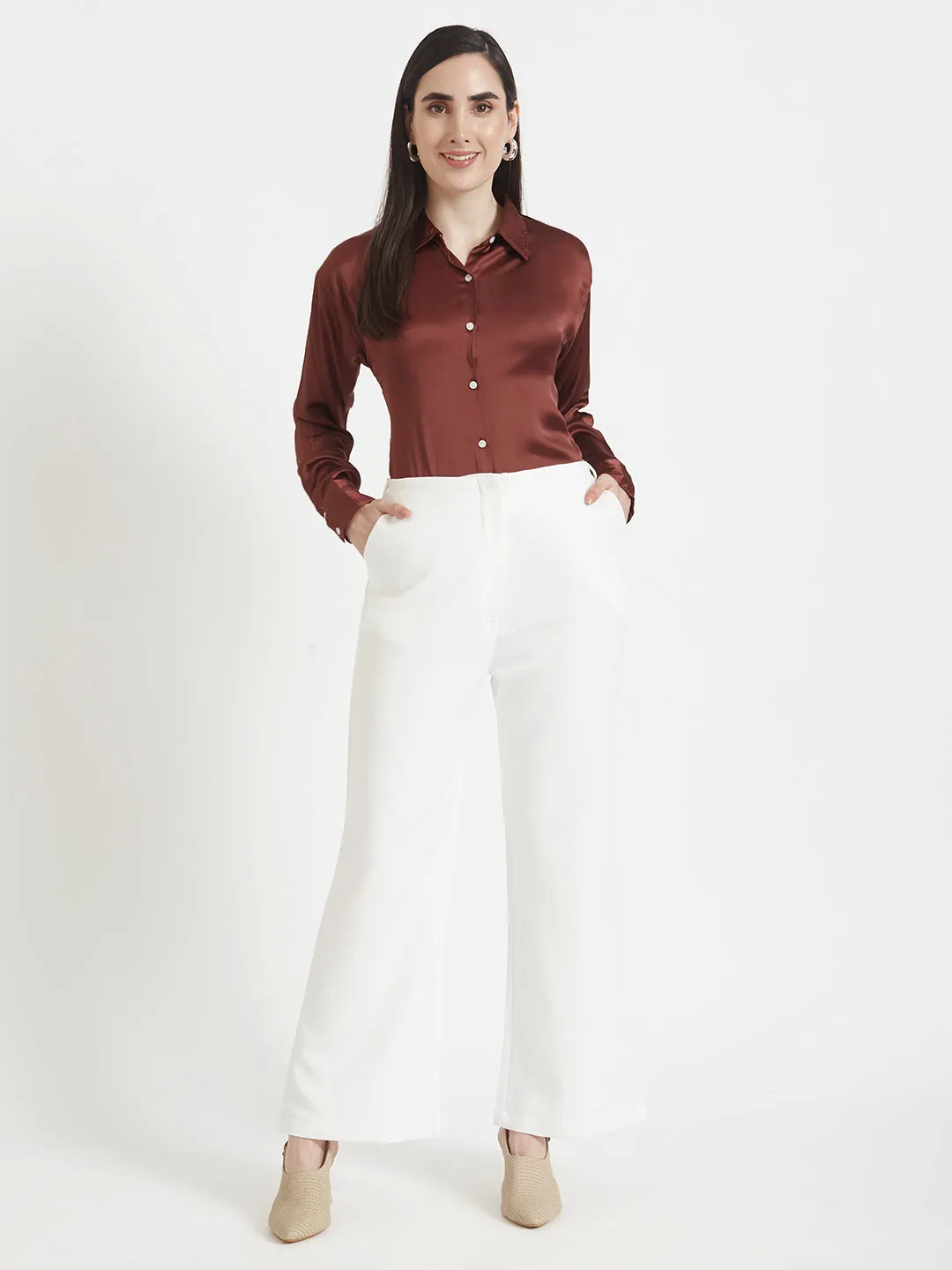 Women'S Luxury Banana Crepe Off White Flared Trouser Slash Pocket
