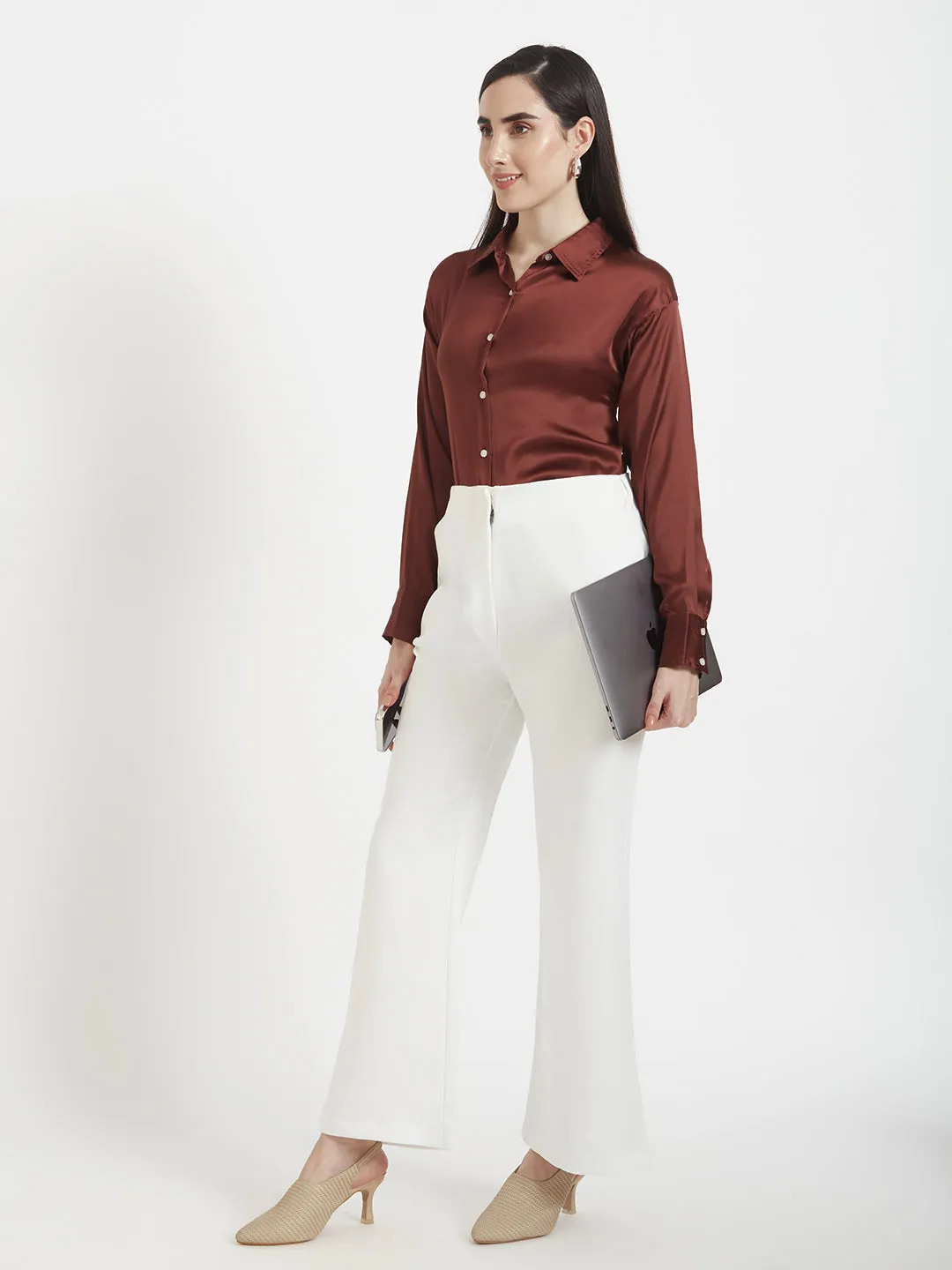 Women'S Luxury Banana Crepe Off White Flared Trouser Slash Pocket