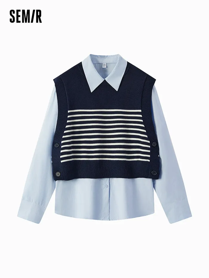 Women's Solid Colored Shirt With Knitted Vest