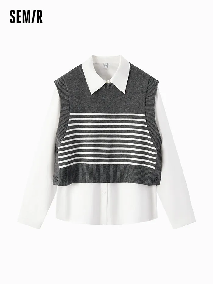Women's Solid Colored Shirt With Knitted Vest