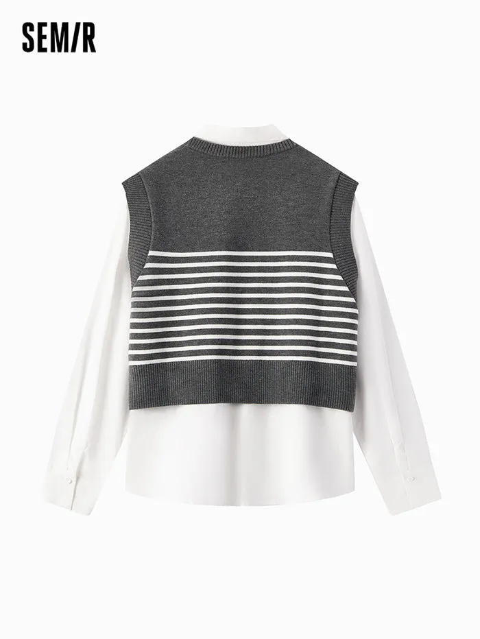 Women's Solid Colored Shirt With Knitted Vest