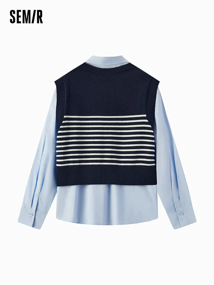 Women's Solid Colored Shirt With Knitted Vest